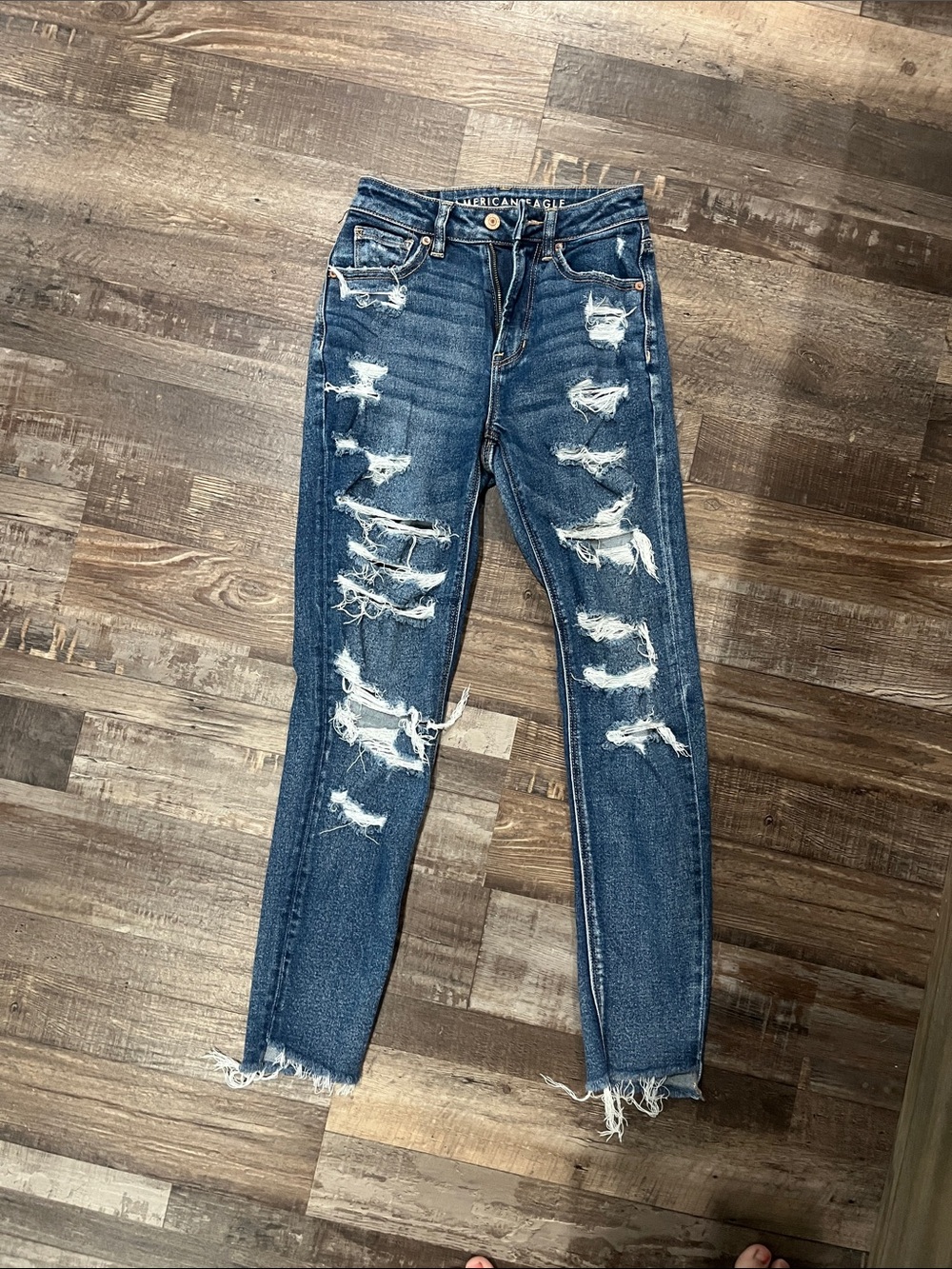 American Eagle Outfitters Dark Blue Distressed High-Rise Skinny Jeans
